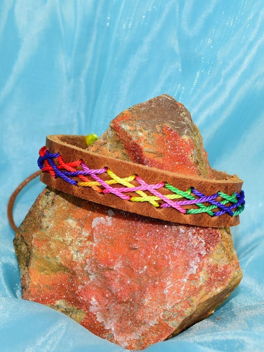 Caz Punch Cross Stitch Leather Bracelet Pink Blue Yellow Brown Womens Gift Boxed